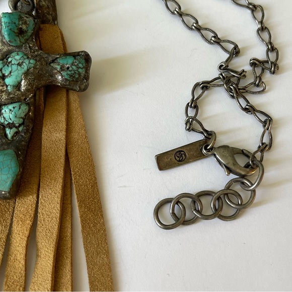 NEW Jamie Dietrich Silver Turquoise Cross Tan Tassel Stainless Steel Necklace - Picture 11 of 14